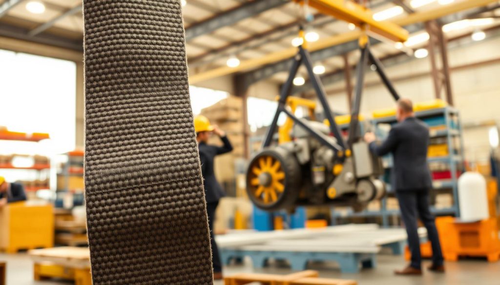 A highly detailed photorealistic image showcasing industrial applications of webbing slings in Tanjungpinang. In the foreground, a robust webbing sling is prominently displayed, with its textured fabric and reinforced stitching clearly visible. In the middle ground, industrial workers in professional business attire are using the slings to lift heavy machinery in a bustling warehouse environment, emphasizing teamwork and safety. The background features a well-lit industrial setting, with shelves stocked with equipment and large windows allowing natural light to flood the space, enhancing clarity and focus. The scene conveys a sense of productivity and reliability, reflecting the quality of webbing slings in use. Use a slightly elevated angle to capture the action, with warm lighting to create an inviting atmosphere. A highly detailed photorealistic image showcasing industrial applications of webbing slings in Tanjungpinang. In the foreground, a robust webbing sling is prominently displayed, with its textured fabric and reinforced stitching clearly visible. In the middle ground, industrial workers in professional business attire are using the slings to lift heavy machinery in a bustling warehouse environment, emphasizing teamwork and safety. The background features a well-lit industrial setting, with shelves stocked with equipment and large windows allowing natural light to flood the space, enhancing clarity and focus. The scene conveys a sense of productivity and reliability, reflecting the quality of webbing slings in use. Use a slightly elevated angle to capture the action, with warm lighting to create an inviting atmosphere.