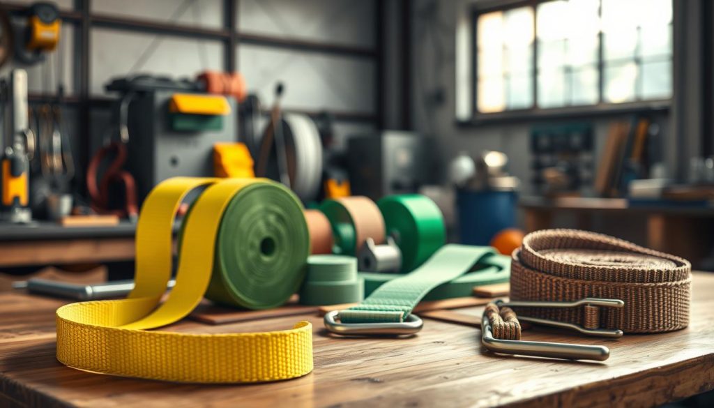 A highly detailed, photorealistic rendering of a webbing sling, prominently displayed in the foreground. The sling is vibrant and well-structured, showcasing its woven texture and bright colors, like yellow or green, emphasizing its durability. In the middle ground, include various sizes and types of webbing slings, neatly arranged on a wooden workshop table. The background features a softly blurred industrial setting, with tools and safety equipment subtly visible, enhancing the atmosphere of a professional environment. Natural light streams in from a nearby window, creating soft shadows that highlight the contours of the slings. The overall mood is focused and informative, ideal for a technical article about product offerings.