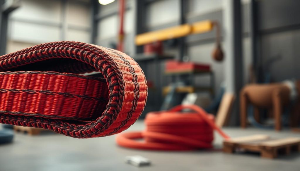 A photorealistic close-up image of a webbing sling, showcasing its intricate design and texture. The sling, made of durable Secutex S2 material, is prominently displayed in the foreground, with its rugged stitching and vibrant color. The middle ground features a soft-focus industrial setting, hinting at its application in lifting and rigging. A subtle play of light reflects off the sling, enhancing its features and providing depth. The background is gently blurred to keep the focus on the sling, while incorporating muted tones of a workshop or storage area. The atmosphere is professional and informative, aimed at illustrating the quality and strength of the webbing sling in a practical context. A photorealistic close-up image of a webbing sling, showcasing its intricate design and texture. The sling, made of durable Secutex S2 material, is prominently displayed in the foreground, with its rugged stitching and vibrant color. The middle ground features a soft-focus industrial setting, hinting at its application in lifting and rigging. A subtle play of light reflects off the sling, enhancing its features and providing depth. The background is gently blurred to keep the focus on the sling, while incorporating muted tones of a workshop or storage area. The atmosphere is professional and informative, aimed at illustrating the quality and strength of the webbing sling in a practical context.