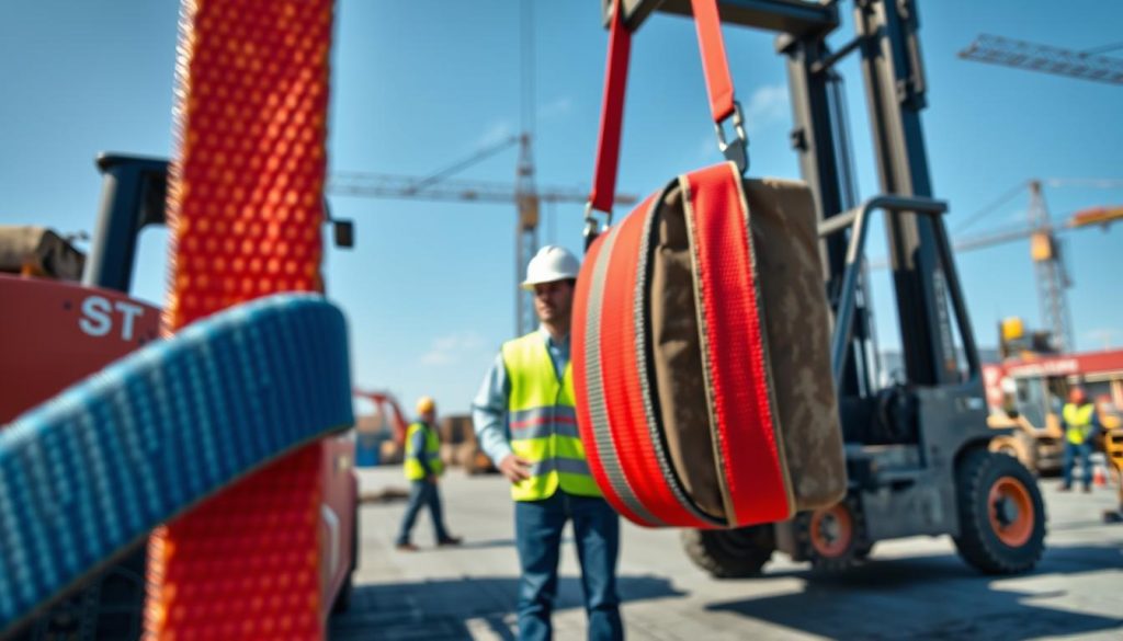 A photorealistic close-up of a webbing sling securely attached to a heavy industrial load being lifted by a forklift in an outdoor construction site. The foreground features the vibrant, colorful webbing sling made of high-strength nylon, showcasing its texture and stitching details. In the middle, a professional worker, dressed in a safety helmet and reflective vest, is positioned to examine the setup, ensuring safety standards are met. The background features a clear sky, construction machinery, and workers in the distance, creating a busy and productive atmosphere. The lighting is bright and natural, highlighting the colors and details of the webbing sling, capturing a sense of safety and professionalism in lifting operations. A photorealistic close-up of a webbing sling securely attached to a heavy industrial load being lifted by a forklift in an outdoor construction site. The foreground features the vibrant, colorful webbing sling made of high-strength nylon, showcasing its texture and stitching details. In the middle, a professional worker, dressed in a safety helmet and reflective vest, is positioned to examine the setup, ensuring safety standards are met. The background features a clear sky, construction machinery, and workers in the distance, creating a busy and productive atmosphere. The lighting is bright and natural, highlighting the colors and details of the webbing sling, capturing a sense of safety and professionalism in lifting operations.