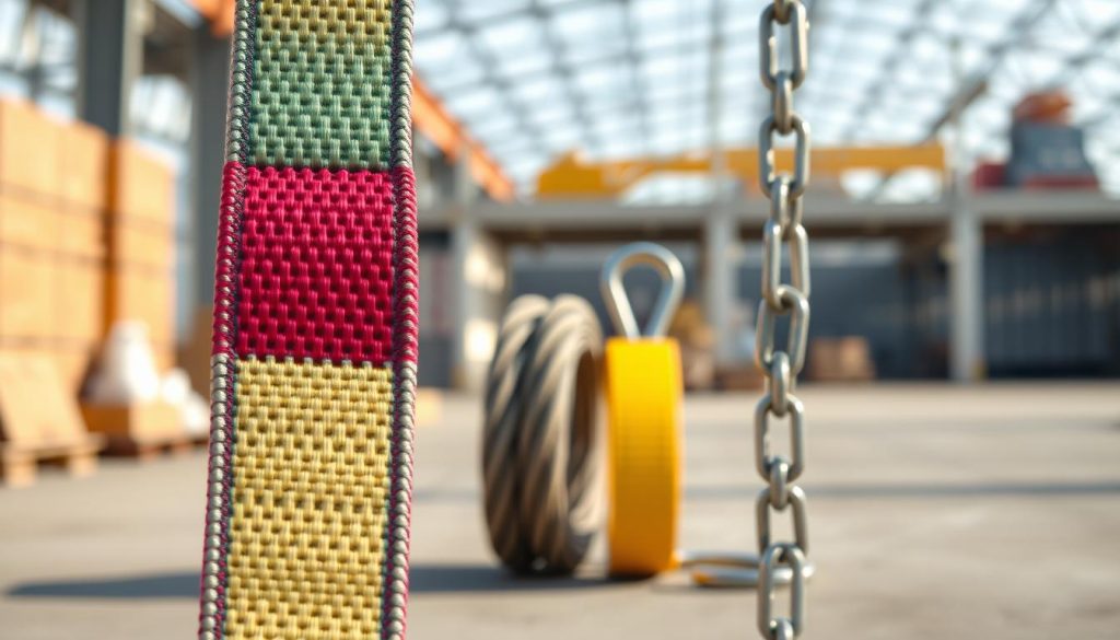 A photorealistic depiction of a webbing sling prominently featured in the foreground, showcasing its vibrant colors and unique texture, with detailed stitching clearly visible. In the middle ground, a comparison of the webbing sling next to a wire rope sling and a chain sling, each with distinct characteristics highlighted. The background features an industrial setting, perhaps a warehouse or construction site, subtly blurred to keep the focus on the slings. Soft, natural lighting bathes the scene, enhancing the materials' features and giving a sense of professionalism and reliability. The atmosphere is clear and informative, embodying the benefits of webbing slings in lifting applications. The image captures a clean, modern aesthetic, emphasizing safety and durability in a business context.