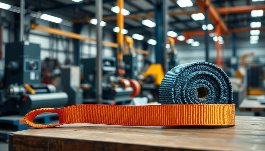 A photorealistic image depicting a webbing sling prominently displayed in an industrial setting, showcasing its durable texture and vibrant colors. The foreground features the webbing sling arranged neatly on a workbench, with detailed close-ups highlighting its stitching and load capacity markings. In the middle ground, a well-lit factory environment reveals heavy machinery and tools, emphasizing the sling's utility in diverse industrial applications. The background shows a soft blur of workshop activity, suggesting motion without distraction. The lighting is bright and even, accentuating the strength and professional quality of the materials. The overall mood conveys reliability and industry efficiency, ideal for illustrating industrial product usage.