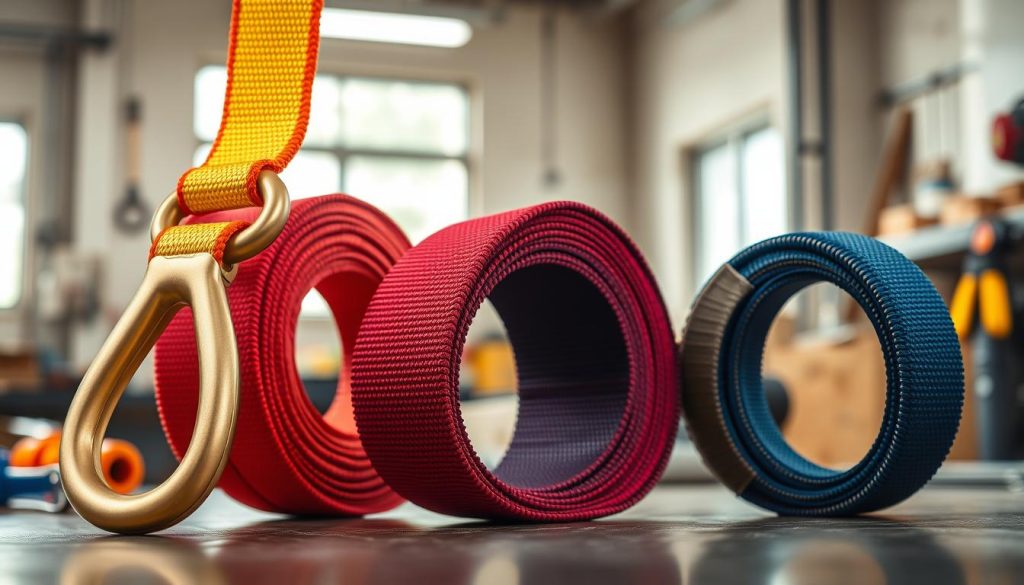 A photorealistic image featuring various types of webbing slings displayed prominently. In the foreground, showcase three distinct slings: an eye sling, a flat sling, and a tubular sling, each in vivid colors like bright yellow, deep red, and navy blue, emphasizing their texture and stitching details. The middle ground can include a soft-focus background of a well-lit workshop setting, with tools and safety gear subtly visible. Natural light filters in from a window, creating a warm, professional atmosphere. The angle of the shot should be slightly elevated to capture the depth and clarity of the slings while ensuring the focus is on the quality and features of the webbing slings. Aim for a clean, business-like appearance that conveys professionalism and quality.