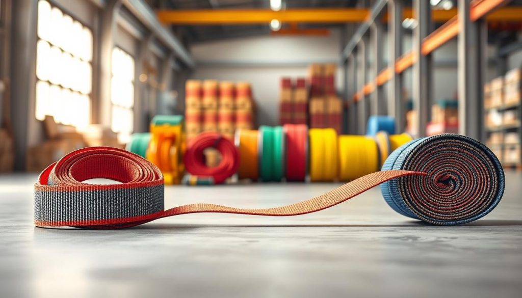 A photorealistic image of a 1-ton webbing sling arranged prominently in the foreground, showcasing its vibrant colors and robust texture. The sling should be laying against a smooth, industrial-grade surface, emphasizing the durability and quality of the product. In the middle background, various lengths and capacities of webbing slings should be displayed neatly, demonstrating a range of options available for commercial use. Soft, diffused natural light from the left side casts gentle shadows, enhancing the three-dimensional appearance and details of the slings. The background should consist of a subtle, blurred warehouse environment to give context without distraction, creating a professional and informative atmosphere suitable for an article. A photorealistic image of a 1-ton webbing sling arranged prominently in the foreground, showcasing its vibrant colors and robust texture. The sling should be laying against a smooth, industrial-grade surface, emphasizing the durability and quality of the product. In the middle background, various lengths and capacities of webbing slings should be displayed neatly, demonstrating a range of options available for commercial use. Soft, diffused natural light from the left side casts gentle shadows, enhancing the three-dimensional appearance and details of the slings. The background should consist of a subtle, blurred warehouse environment to give context without distraction, creating a professional and informative atmosphere suitable for an article.