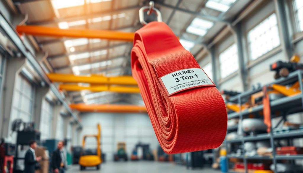 A photorealistic image of a 3-ton webbing sling displayed prominently in the foreground, showcasing its vibrant color and texture, with clear labeling that outlines its specifications. The sling is draped over a sturdy steel beam, emphasizing its industrial application. In the middle ground, a well-lit warehouse setting communicates a professional atmosphere, with various types of lifting equipment subtly blurred in the background. Soft, natural lighting filters through overhead windows, creating a sense of cleanliness and reliability. The angle of the shot is slightly elevated, providing a dynamic view of the sling’s features. The overall mood is one of professionalism and trust, suitable for a business context. Ensure no text or watermarks are present in the image. A photorealistic image of a 3-ton webbing sling displayed prominently in the foreground, showcasing its vibrant color and texture, with clear labeling that outlines its specifications. The sling is draped over a sturdy steel beam, emphasizing its industrial application. In the middle ground, a well-lit warehouse setting communicates a professional atmosphere, with various types of lifting equipment subtly blurred in the background. Soft, natural lighting filters through overhead windows, creating a sense of cleanliness and reliability. The angle of the shot is slightly elevated, providing a dynamic view of the sling’s features. The overall mood is one of professionalism and trust, suitable for a business context. Ensure no text or watermarks are present in the image.