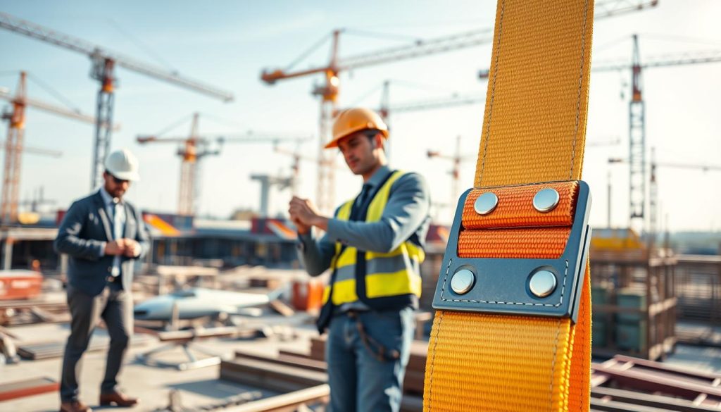 A photorealistic image of a durable webbing sling application in an industrial setting, showcasing its versatility and strength. In the foreground, prominently display a close-up of the brightly colored webbing sling, with detailed stitching and heavy-duty fasteners that emphasize its robust design. The middle ground features industrial workers in professional business attire, safely using the webbing sling in a construction project, demonstrating its application for lifting and securing heavy loads. In the background, a busy construction site is visible with cranes and scaffolding, under bright natural lighting. Capture the atmosphere of teamwork and diligence, highlighting the critical role of webbing slings in operational efficiency. Use a high-definition lens angle that conveys depth and realism without any text or overlays. A photorealistic image of a durable webbing sling application in an industrial setting, showcasing its versatility and strength. In the foreground, prominently display a close-up of the brightly colored webbing sling, with detailed stitching and heavy-duty fasteners that emphasize its robust design. The middle ground features industrial workers in professional business attire, safely using the webbing sling in a construction project, demonstrating its application for lifting and securing heavy loads. In the background, a busy construction site is visible with cranes and scaffolding, under bright natural lighting. Capture the atmosphere of teamwork and diligence, highlighting the critical role of webbing slings in operational efficiency. Use a high-definition lens angle that conveys depth and realism without any text or overlays.