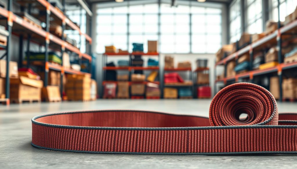 A photorealistic image of a high-quality webbing sling prominently displayed in the foreground, showing its durable texture and vibrant colors. The sling is fully laid out, showcasing its strong stitching and reinforced loops. In the background, a clean and modern warehouse setting suggests a place of sale in Samarinda, with shelves stocked with various types of webbing slings, emphasizing availability. Soft, natural lighting filters through large windows, enhancing the details of the sling while casting gentle shadows. The angle should be slightly above eye level, capturing both the sling and the stocked warehouse. The overall mood conveys professionalism and reliability, suitable for a competitive market offering fast shipping in Samarinda.