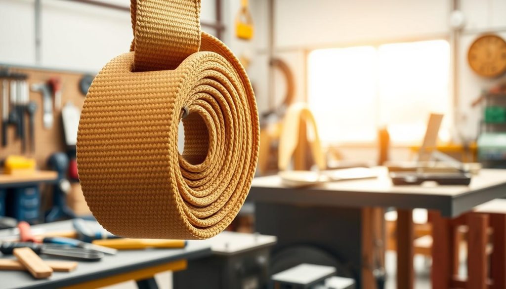 A photorealistic image of a high-quality webbing sling prominently displayed in the foreground, featuring its durable, woven fabric texture and reinforced stitching. The middle ground shows a professional workshop environment, with tools and equipment subtly arranged to suggest the application of the sling in various lifting scenarios. In the background, soft natural lighting filters through a workshop window, creating an inviting and functional atmosphere. The camera angle is slightly elevated, capturing both the sling's details and the context of its use. The overall mood is informative and focused, aiming to educate the viewer on selecting the right webbing sling for work equipment, emphasizing quality and reliability.
