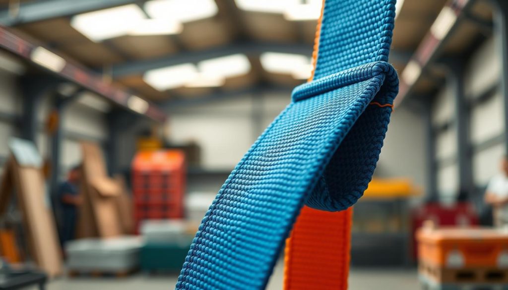A photorealistic image of a high-quality webbing sling showcased prominently in the foreground, demonstrating its robust texture and vibrant colors, such as deep blue or bright orange. The background should feature a clean, professional setting, like an industrial workshop or a storage area, subtly blurred to emphasize the sling. Soft, natural lighting illuminates the sling, highlighting its strength and flexibility. Capture a close-up angle that allows for detailed viewing of the woven fabric and stitching, inviting the viewer to appreciate its craftsmanship. The overall mood should convey reliability and professionalism, suitable for illustrating specifications in a technical article. Ensure no text, logos, or watermarks are present in the image.