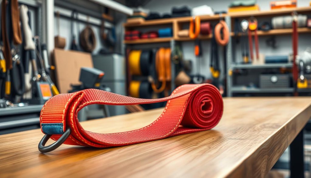 A photorealistic image of a model webbing sling displayed prominently in the foreground, showcasing its vibrant colors, intricate stitching, and robust hardware. The sling is positioned on a sleek, wooden surface, with soft, diffused natural lighting highlighting its texture and details. In the middle ground, blurred tools and equipment hint at an industrial setting, emphasizing the sling's practical applications. The background features a softly lit workshop environment with shelves lined with various types of slings and lifting gear, reinforcing the theme of safety and reliability. Capture the mood of professionalism and utility, inviting viewers to appreciate the craftsmanship and functionality of the webbing sling. The composition should draw the eye to the sling without the inclusion of any text or distractions.