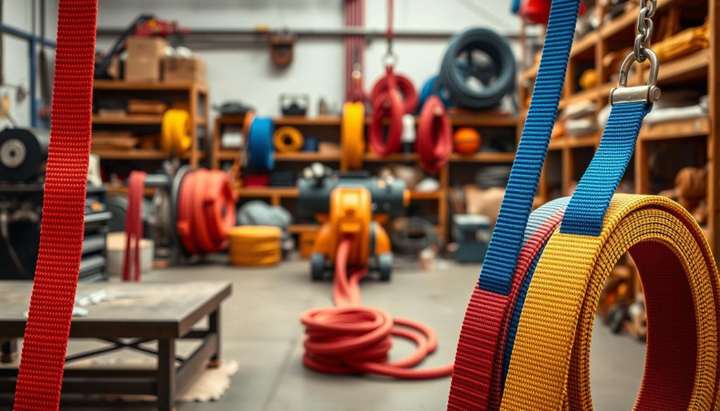 A photorealistic image of a variety of colorful webbing slings displayed in an industrial setting. In the foreground, showcase several webbing slings of different capacities and lengths, emphasizing the unique textures and vibrant colors, such as red, blue, and yellow. In the middle ground, include a workbench with tools and machinery slightly blurred to suggest a workshop atmosphere. The background features shelves stocked with additional slings and related equipment, softly lit to enhance the focus on the webbing slings. Use warm, natural lighting to create an inviting yet professional mood, captured from a slightly elevated angle to provide a comprehensive view of the slings' features and quality.