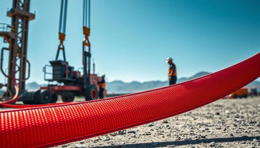 A photorealistic image of a vibrant webbing sling positioned prominently in the foreground, showcasing its durable fabric and intricate stitching details. In the middle ground, a construction site is visible, with industrial machinery and workers in professional attire safely handling the sling, demonstrating its use. The background features an expansive blue sky and distant mountains, emphasizing an outdoor operational environment. The lighting is bright and natural, casting soft shadows that accentuate the textures of the sling. The angle is dynamic, slightly low to showcase the webbing sling in action, instilling a sense of reliability and strength. The overall mood is practical and focused, reflecting the importance of webbing slings in everyday operations.