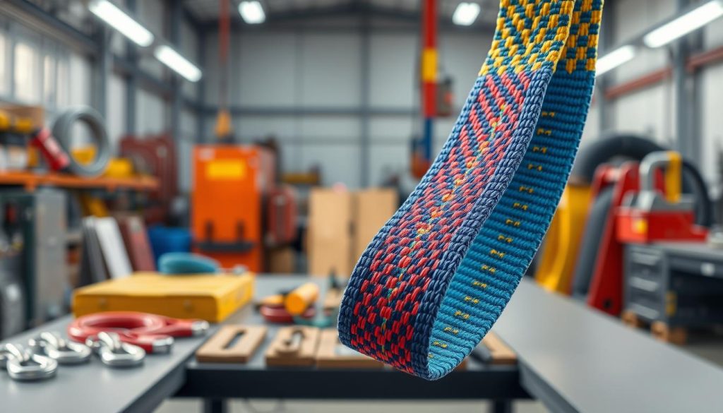 A photorealistic image of a webbing sling displayed prominently in the foreground, showcasing its vibrant colors and intricate weave patterns that signify durability. The middle ground features a well-organized workspace with tools like hooks and shackles, set under soft, diffused lighting that highlights the texture and quality of the webbing sling. A subtle industrial background includes blurred outlines of equipment in a safe working environment, emphasizing a sense of professionalism. The angle captures the webbing sling from slightly above, creating depth and focus on its features, while maintaining an overall atmosphere of safety and reliability in industrial applications. The image is to be high definition, with clear, sharp details reflecting the standards and design essential for work safety.