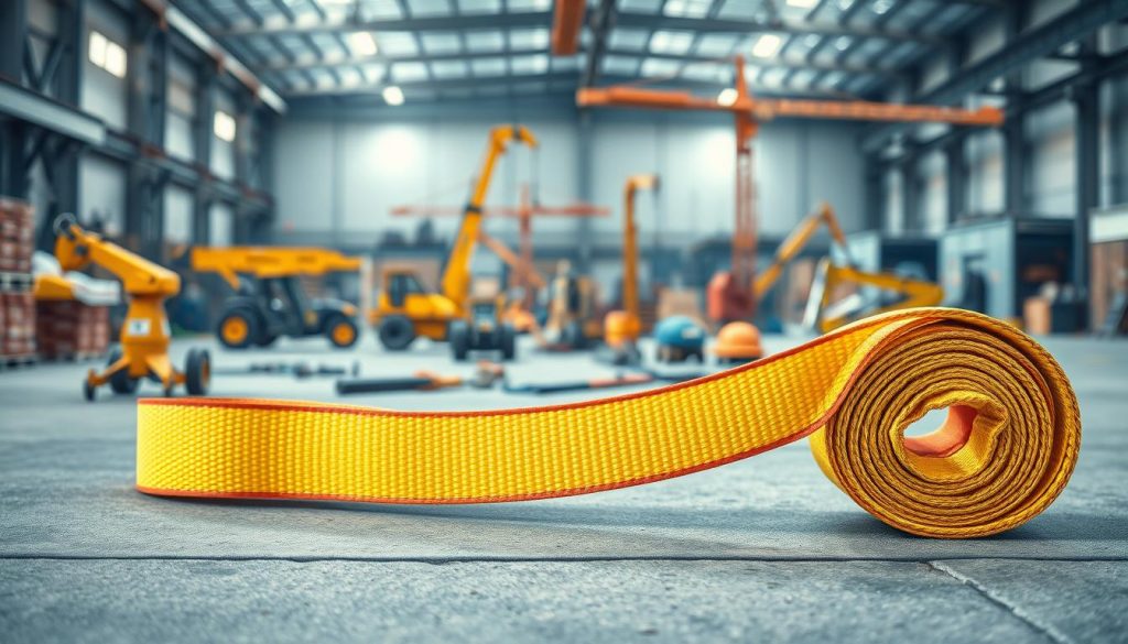 A photorealistic image of a webbing sling prominently displayed in the foreground, showcasing its durable, high-strength textile with vibrant colors like bright yellow and orange. The sling is positioned on a smooth concrete surface, with light reflections highlighting its texture and robustness. In the middle ground, tools of various industries such as construction equipment, rigging gear, and lifting devices are subtly arranged, illustrating the webbing sling's versatility and applications across different sectors. The background features a blurred industrial setting with cranes and warehouses, suggesting an active work environment. Ambient daylight filters in from the left, casting soft shadows and creating a professional atmosphere that emphasizes quality and reliability. The overall mood is focused and industrious. A photorealistic image of a webbing sling prominently displayed in the foreground, showcasing its durable, high-strength textile with vibrant colors like bright yellow and orange. The sling is positioned on a smooth concrete surface, with light reflections highlighting its texture and robustness. In the middle ground, tools of various industries such as construction equipment, rigging gear, and lifting devices are subtly arranged, illustrating the webbing sling's versatility and applications across different sectors. The background features a blurred industrial setting with cranes and warehouses, suggesting an active work environment. Ambient daylight filters in from the left, casting soft shadows and creating a professional atmosphere that emphasizes quality and reliability. The overall mood is focused and industrious.