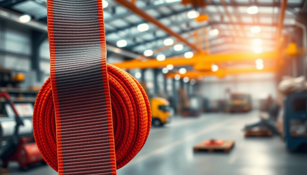 A photorealistic image of a webbing sling prominently displayed in the foreground, showcasing its robust features and stitching details. The sling should be vibrant and in-focus, with its textured fabric revealing its strength and durability. In the middle ground, a blurred industrial setting with lifting equipment such as cranes and hooks suggests its application. The background should feature a soft-focus workshop environment illuminated by bright, even lighting that enhances the colors of the sling, giving it a professional, clean look. The angle of the shot should be slightly tilted upwards to create a dynamic perspective. Overall, the mood should be one of reliability and professionalism, reflecting its use in industrial settings. Ensure no text or logos are present.