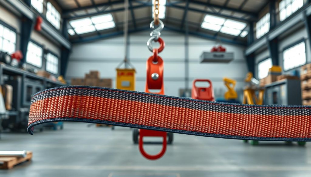 A photorealistic image of a webbing sling, vividly displayed in the foreground, showcasing its durable nylon fabric with intricate weaving patterns, strong stitching, and vibrant colors indicating load capacities. The middle ground features a pair of industrial pulleys and a lifting hook, emphasizing the practical applications of the sling. The background includes a soft-focus warehouse environment, with a hint of machinery and tools to convey an industrial setting, lit with natural light streaming through windows, creating a professional atmosphere. Capture the image from a slight low angle to emphasize the strength and reliability of the webbing sling, ensuring clarity and detail in high definition. The overall mood is focused, showcasing the webbing sling's specifications and capacities.