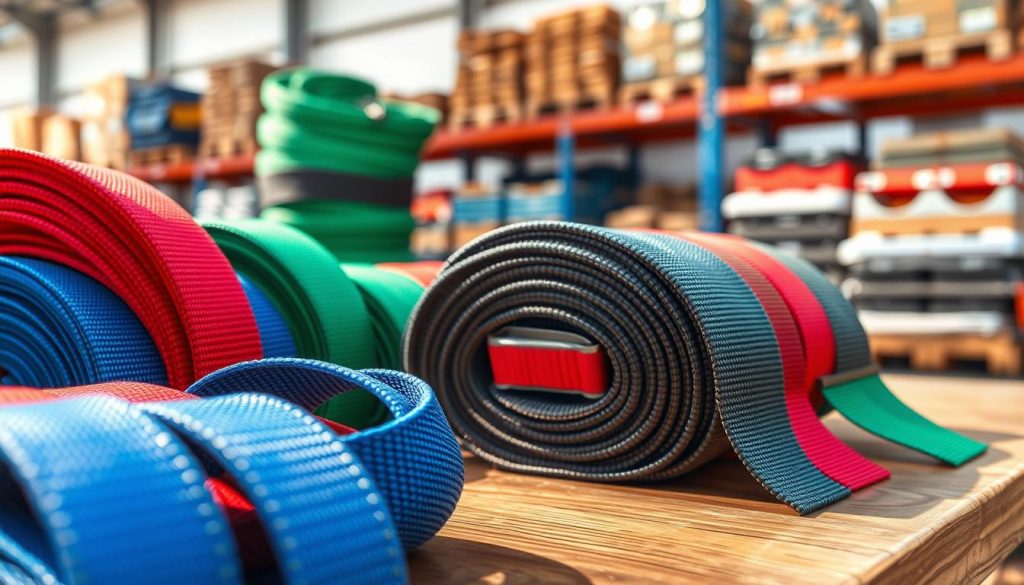 A photorealistic image of various colorful webbing slings arranged neatly on a wooden display table, showcasing their strong, durable textures and vibrant colors like red, blue, and green. In the foreground, focus on a few slings with clear stitching details, illustrating their quality. The middle ground features additional slings stacked, reflecting sunlight that casts soft shadows, enhancing their rugged appearance. In the background, a blurred view of a warehouse with shelves stocked with more slings implies a well-managed inventory, suggesting reliability and professionalism in supply. The lighting is bright and natural, evoking an atmosphere of efficiency and readiness for shipping. Capture this scene from a slightly elevated angle for a comprehensive view of the setup.