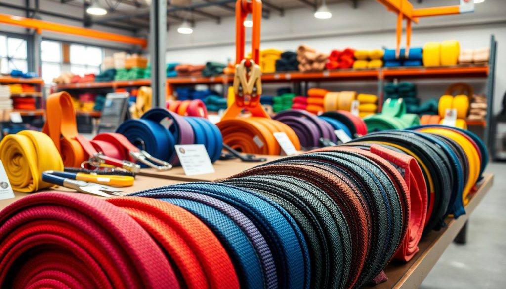 A photorealistic image showcasing a vibrant and dynamic display of webbing slings in various colors and sizes. In the foreground, focus on a neatly arranged selection of slings with clear textures, showcasing their durability and quality. The middle ground features a table with price tags, emphasizing competitive pricing, along with tools used for securing and testing the slings. The background includes a well-lit warehouse environment, with shelves stocked with more slings and lifting equipment, creating an active marketplace atmosphere. Use soft, natural lighting to enhance the colors and details, and a slight depth of field to create a professional and inviting mood. The angle should be slightly elevated to capture the display effectively, ensuring the image conveys the essence of quality and value in webbing slings.