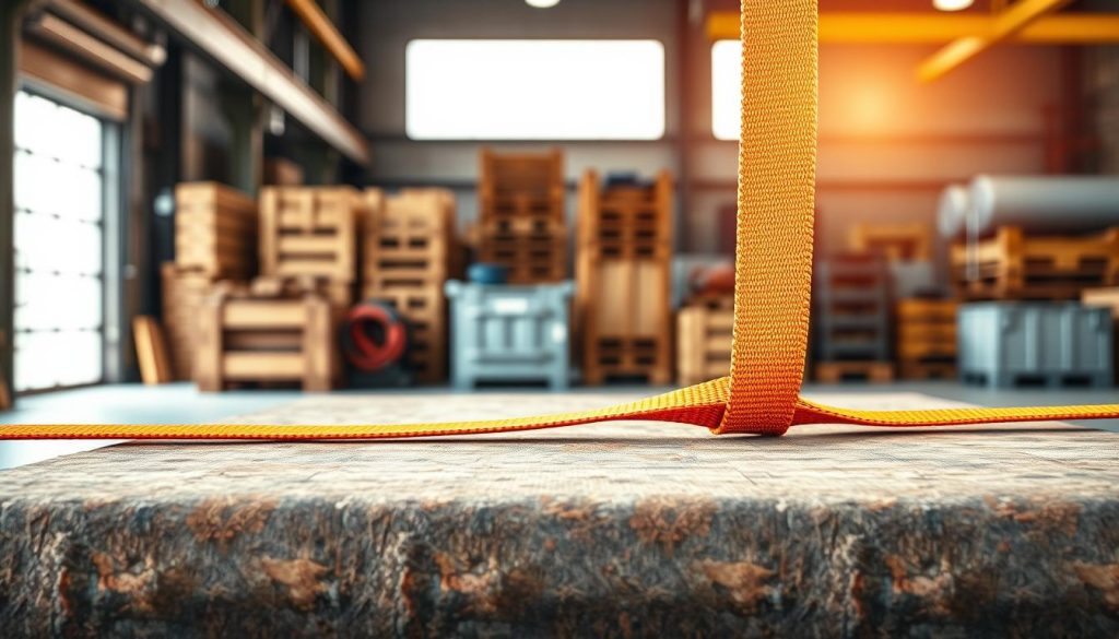 A photorealistic image showcasing a webbing sling placed prominently across a textured, heavy load surface, emphasizing its lightweight and flexible nature. In the foreground, the webbing sling, vibrant in color, is intricately woven, capturing the strength and safety features. The middle ground reveals various load surfaces, such as wooden crates and metal containers, arranged to demonstrate the sling in use. The background features a softly blurred industrial setting, illuminated by natural light filtering through a large window, creating a warm and inviting atmosphere. The camera angle is slightly elevated to present a clear view of the load beneath the sling, enhancing its practical application. The overall mood is professional and focused, showcasing the reliability and versatility of the webbing sling in a real-world context.