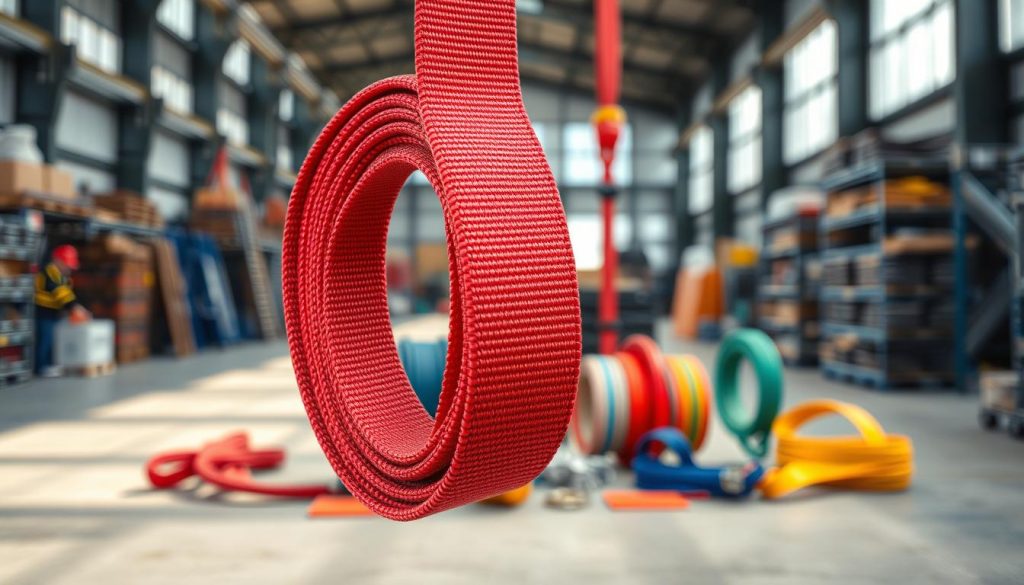 A photorealistic image showcasing a webbing sling prominently in the foreground, displaying its vibrant colors and intricate texture. The sling should be clearly detailed, with close-ups highlighting stitching and material quality. In the middle ground, display a variety of webbing slings in different sizes and ratings, arranged aesthetically to show options available for purchase. The background should feature an industrial setting, such as a warehouse or workshop, softly blurred to emphasize the slings, with natural lighting casting gentle shadows. The overall mood should convey professionalism and reliability, reflecting a high-definition, crisp image that captures the essence of quality and practicality in webbing slings. A photorealistic image showcasing a webbing sling prominently in the foreground, displaying its vibrant colors and intricate texture. The sling should be clearly detailed, with close-ups highlighting stitching and material quality. In the middle ground, display a variety of webbing slings in different sizes and ratings, arranged aesthetically to show options available for purchase. The background should feature an industrial setting, such as a warehouse or workshop, softly blurred to emphasize the slings, with natural lighting casting gentle shadows. The overall mood should convey professionalism and reliability, reflecting a high-definition, crisp image that captures the essence of quality and practicality in webbing slings.