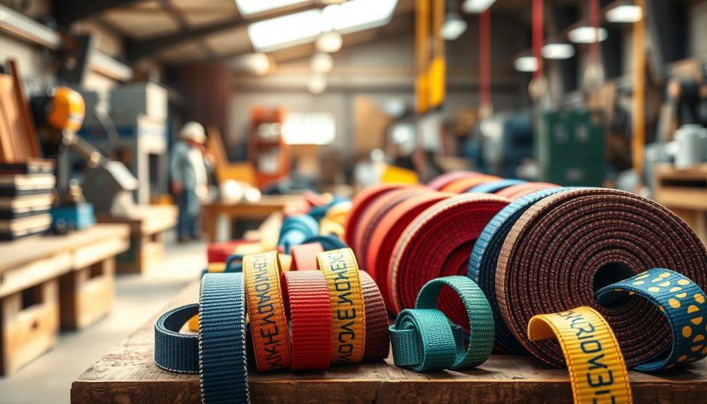 A photorealistic image showcasing various types of webbing slings arranged neatly on a wooden workbench. In the foreground, focus on vibrant, colorful webbing slings, displaying their different patterns and thicknesses, emphasizing durability and flexibility. In the middle ground, include tools and equipment commonly associated with lifting tasks, subtly hinting at their applications. The background features a soft, softly lit workshop setting with blurred industrial machinery, enhancing the professional atmosphere. Natural light streams in, casting gentle shadows and highlights on the slings, creating depth. Capture the scene from a slightly elevated angle to provide a comprehensive view of the slings and their context. The overall mood should be informative and professional, depicting a reliable environment for quality webbing slings.