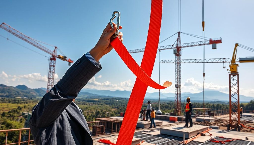 A photorealistic scene showcasing the practical use of webbing slings in a construction environment. In the foreground, a worker in professional business attire is seen securely attaching a bright orange webbing sling to a heavy load using a carabiner. The middle ground reveals a construction site with cranes and workers performing various tasks, emphasizing teamwork and safety. In the background, an Indonesian landscape with lush greenery and distant mountains can be seen, under a clear blue sky. The lighting is bright, capturing the midday sun, with shadows cast by the cranes. The overall mood is industrious and focused, highlighting the importance of proper lifting techniques and equipment in the field.