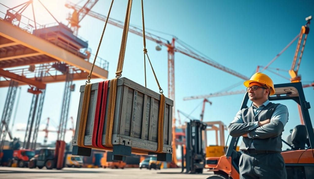 A professional construction site showcasing the effective use of webbing slings. In the foreground, a webbing sling securely lifting a large industrial crate, demonstrating strong tension and stability. In the middle ground, a worker in a hard hat and safety goggles, dressed in a professional business attire, positioned near a forklift, overseeing the lifting operation. The background features a bustling construction environment with cranes and machinery under a clear blue sky. Natural sunlight casts soft shadows, enhancing the three-dimensionality of the scene. Capture the motion and energy of the lifting process, evoking a sense of safety and precision in industrial applications. Aim for a photorealistic depiction with high definition, focusing on vibrant colors and sharp details.