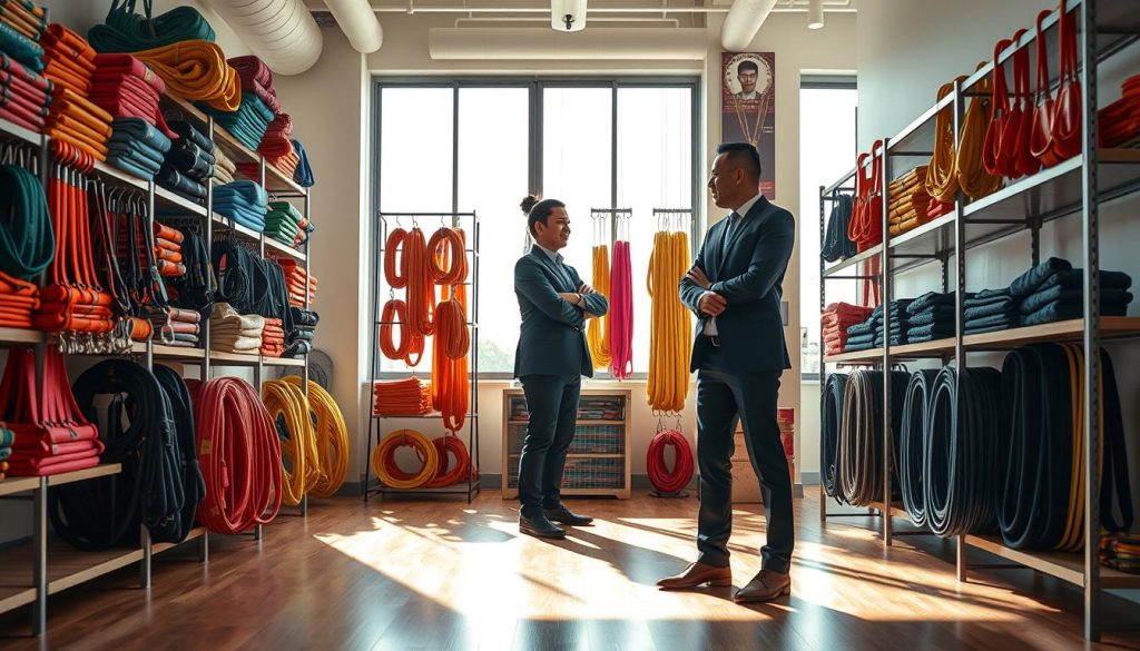 A professional distributor office setting representing Velasco Indonesia Persada, specializing in webbing slings. The foreground features a well-dressed business professional, a middle-aged Indonesian man in smart attire, consulting with a colleague about products. Surrounding them are neatly organized shelves displaying various high-quality webbing slings in vibrant colors and durable materials. In the background, the office has large windows letting in natural light, creating a bright and inviting atmosphere. Soft shadows are cast on the polished wooden floor, emphasizing a clean and modern workspace. The overall mood conveys expertise, reliability, and professionalism, showcasing a commitment to quality and customer service in the distribution of webbing slings. Photorealistic, high-definition image with clear focus. A professional distributor office setting representing Velasco Indonesia Persada, specializing in webbing slings. The foreground features a well-dressed business professional, a middle-aged Indonesian man in smart attire, consulting with a colleague about products. Surrounding them are neatly organized shelves displaying various high-quality webbing slings in vibrant colors and durable materials. In the background, the office has large windows letting in natural light, creating a bright and inviting atmosphere. Soft shadows are cast on the polished wooden floor, emphasizing a clean and modern workspace. The overall mood conveys expertise, reliability, and professionalism, showcasing a commitment to quality and customer service in the distribution of webbing slings. Photorealistic, high-definition image with clear focus.