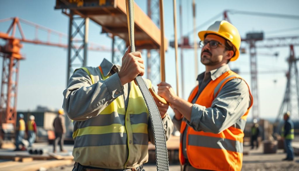 A professional engineer in modest work attire is demonstrating the safe usage of a webbing sling on a construction site. In the foreground, focus on the engineer carefully securing the webbing sling around a heavy load, showcasing proper technique and attention to detail. The middle ground features a heavy piece of equipment, like a steel beam, being lifted with caution, highlighting the strength and reliability of the sling. The background contains a busy construction environment with cranes and workers in hard hats, reflecting teamwork and safety practices. The scene is bathed in bright natural light, suggesting mid-morning, with a slightly blurred depth of field to emphasize the action in the foreground while maintaining clarity in the surroundings. The overall mood is professional and focused on safety.