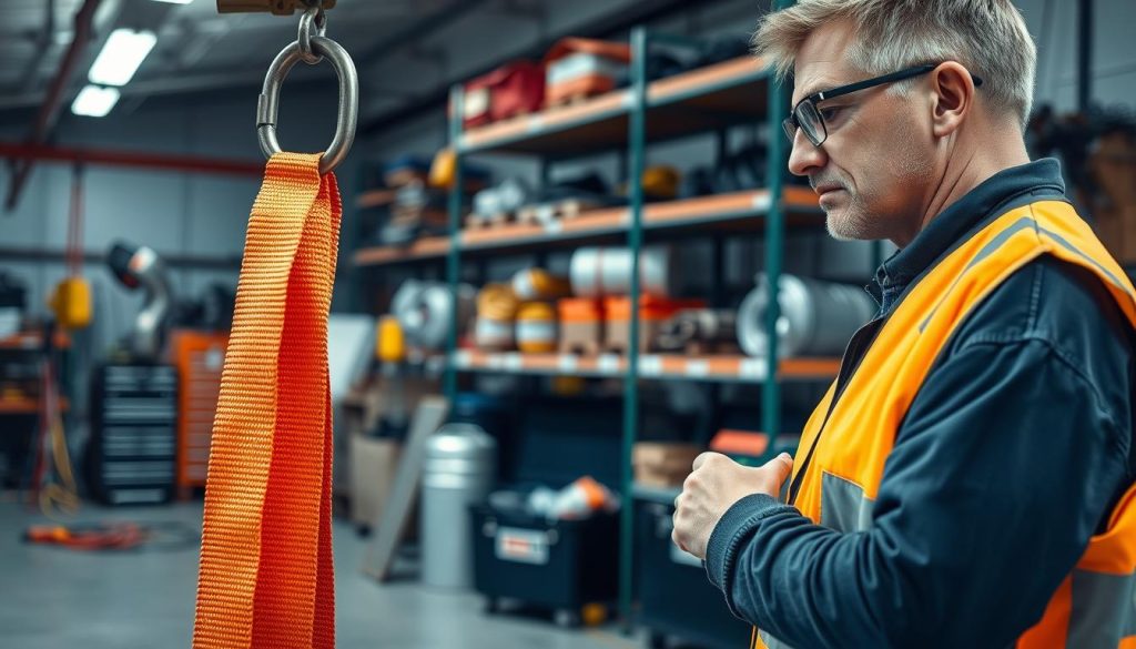 A professional inspecting a webbing sling in a well-lit industrial setting, showcasing the importance of safety checks. In the foreground, focus on the inspector, dressed in a high-visibility vest and safety glasses, carefully examining the sling for wear and tear. The sling, vividly colored in bright orange, is draped over a sturdy metal hook. In the middle ground, a toolbox and safety equipment can be seen, hinting at a standard inspection environment. The background features a workshop with shelves stacked with various rigging gear, softly blurred to emphasize the foreground details. The lighting is bright and even, capturing the meticulous nature of the inspection. The overall mood is serious and professional, highlighting the significance of safety in the industrial workspace.