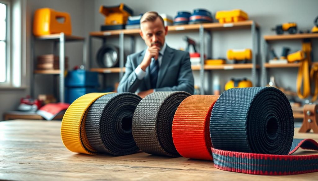 A professional setting showcasing a close-up view of various webbing slings, neatly arranged on a wooden workbench. In the foreground, highlight three different types of webbing slings, each displaying vibrant colors and textures, emphasizing their durability and strength. The middle ground features a knowledgeable individual in professional business attire, thoughtfully analyzing the slings. The background includes shelves filled with safety equipment and tools, softly blurred to create depth. The scene is lit with natural light streaming through a window, casting gentle shadows, enhancing the realism. Capture a focused and informative atmosphere, inviting viewers to learn about choosing the right webbing sling for safety. The image should be photorealistic, with high definition details.
