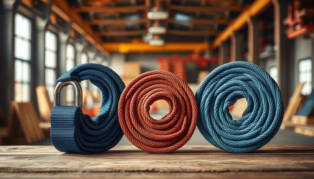 A striking, photorealistic close-up image featuring three distinct types of webbing slings displayed prominently in the foreground: one eye sling, one round sling, and one endless sling. Each sling should be vividly colored and texturally detailed to emphasize their unique materials and styles. The background should feature a soft-focus industrial setting, hinting at a warehouse or construction site, with warm, natural lighting that creates a professional and inviting atmosphere. The angle should provide a top-down perspective, showcasing the slings neatly arranged on a wooden surface, while highlighting their structural integrity. Ensure the composition conveys a sense of reliability and strength, suitable for an article about webbing slings.