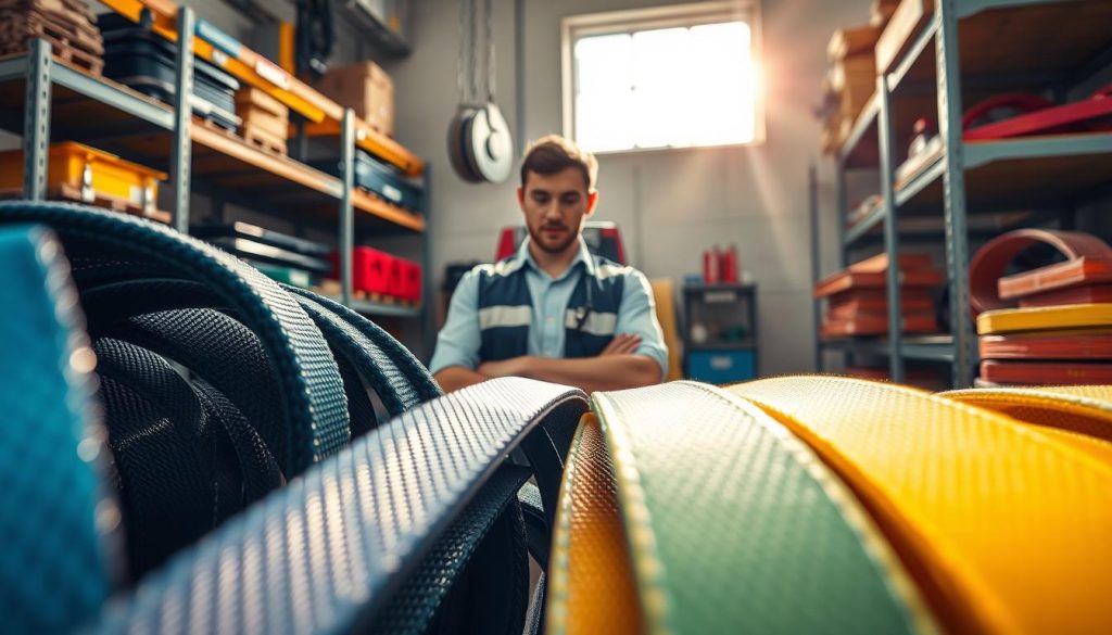 A vivid illustration of high-quality webbing slings in a professional setting, prominently displayed in the foreground, showcasing their strength and flexibility. The slings are arranged neatly, with a soft-focus effect highlighting their texture and vibrant colors. In the middle, a skilled technician in smart work attire inspects the webbing slings, emphasizing safety and efficiency in use. The background features a well-organized workspace, with shelves displaying additional equipment safely stored. Natural sunlight streams through a nearby window, casting gentle highlights across the scene, creating a confident and trustworthy atmosphere. The image is photorealistic and high definition, capturing the essence of quality and value in webbing sling services. A vivid illustration of high-quality webbing slings in a professional setting, prominently displayed in the foreground, showcasing their strength and flexibility. The slings are arranged neatly, with a soft-focus effect highlighting their texture and vibrant colors. In the middle, a skilled technician in smart work attire inspects the webbing slings, emphasizing safety and efficiency in use. The background features a well-organized workspace, with shelves displaying additional equipment safely stored. Natural sunlight streams through a nearby window, casting gentle highlights across the scene, creating a confident and trustworthy atmosphere. The image is photorealistic and high definition, capturing the essence of quality and value in webbing sling services.