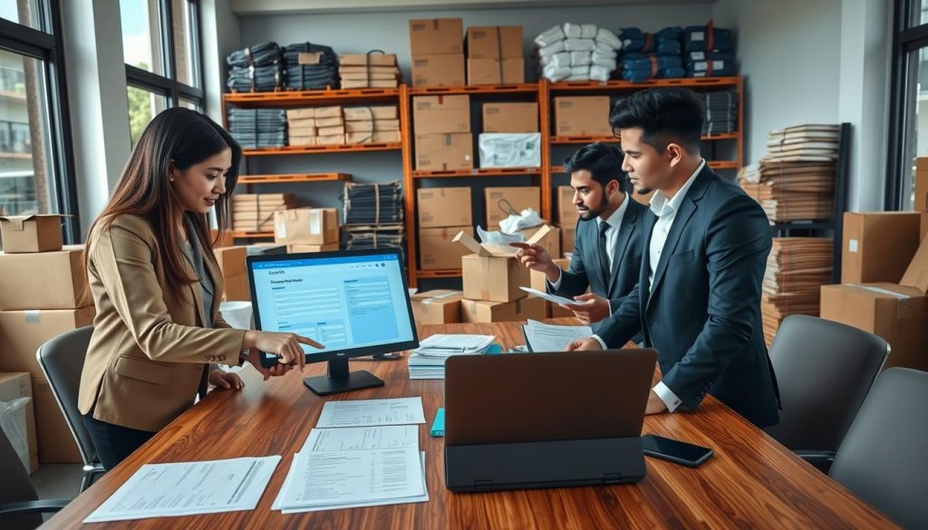 A busy office scene depicting a professional business environment focused on "Cara Pemesanan Pengiriman" in Jayapura. In the foreground, a diverse group of three individuals, dressed in smart business attire, are gathered around a large wooden table covered with documents and a laptop. One person, a woman, is pointing to a screen displaying a web-based order form, while another, a man, takes notes. In the middle, a well-organized workspace with shipping boxes and logistics materials creates a sense of activity. In the background, shelves filled with neatly stacked webbing slings and packing supplies add context. Natural light filters through large windows, enhancing the clarity of the scene. The overall mood is professional and collaborative, reflecting the process of ordering and shipping in a bustling market.