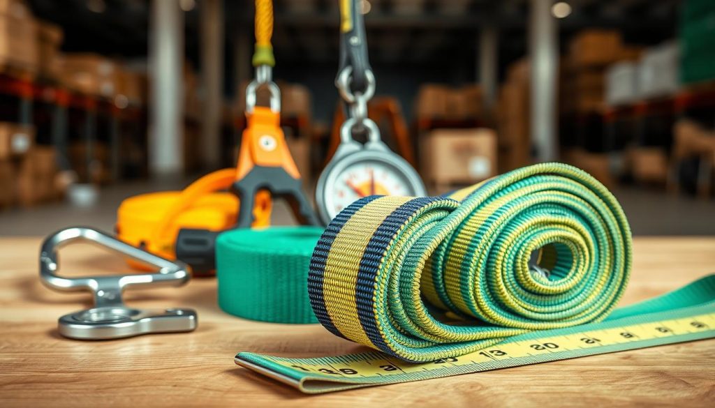A close-up image of a webbing sling displayed prominently in the foreground, showcasing its vibrant colors and texture, with clear details of stitching and material quality. The sling is placed on a wooden surface with a measuring tape beside it, emphasizing its practical use. In the middle ground, there are tools like a carabiner and a load scale, symbolizing the applications of the sling in lifting. The background consists of a blurred warehouse environment, hinting at a commercial setting typical for selling such equipment. Natural soft lighting illuminates the scene, casting subtle shadows that enhance the texture of the sling, while creating a professional and informative atmosphere. High-definition photorealism captures every detail vividly.