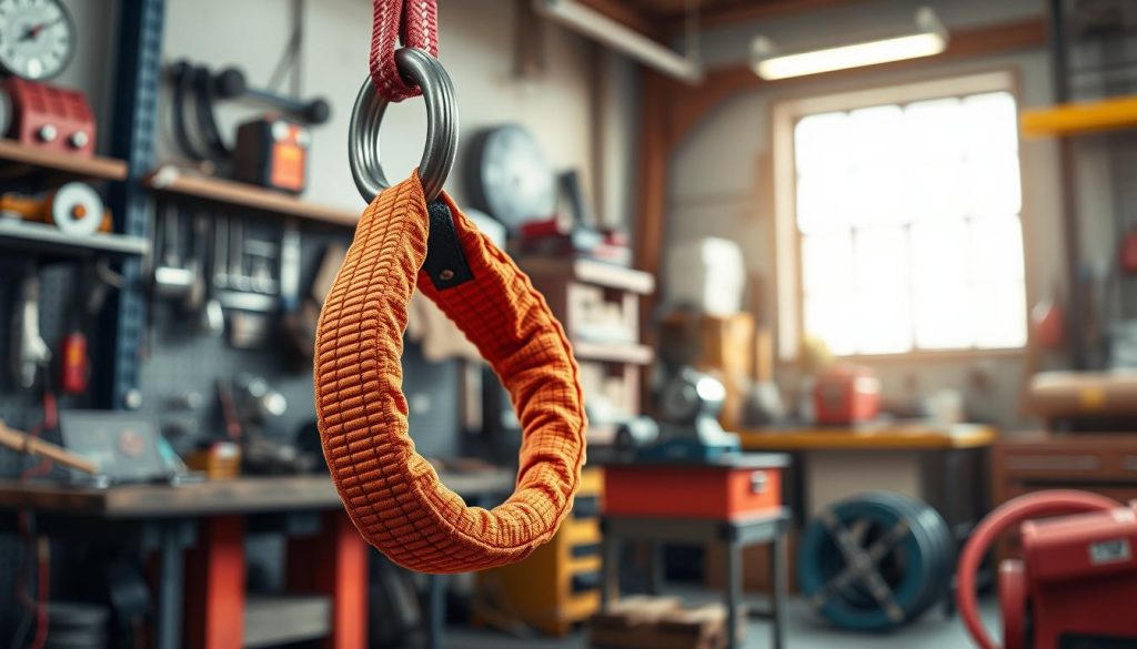 A close-up, photorealistic depiction of a round sling, prominently displayed in the foreground. The sling is made of durable fabric, showcasing vibrant colors, intricate stitching, and a robust loop at each end. The background highlights a workshop setting, subtly blurred to emphasize the sling, with tools and industrial equipment softly illuminated by natural light filtering through a window. There should be a focus on texture and detail, capturing the fabric's weave and the strength of the materials. The atmosphere is professional and informative, ideal for highlighting product features and applications, with a dynamic angle to add depth and interest to the composition.