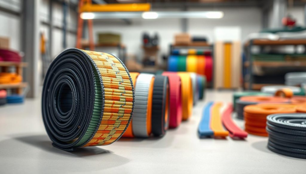 A close-up, photorealistic image of a colorful webbing sling displayed prominently in the foreground, showcasing its intricate weave patterns and durable stitching. The sling is set against a neutral background to highlight its features, with subtle shadows adding depth. In the middle ground, various webbing slings of different colors and widths are organized neatly, illustrating a variety of options. The background shows a blurred workshop setting, emphasizing a professional and industrious atmosphere. Soft, even lighting enhances the texture of the slings, creating an inviting and transparent mood. The angle is slightly tilted to provide a dynamic view of the products, focusing attention on their competitive pricing and high quality.