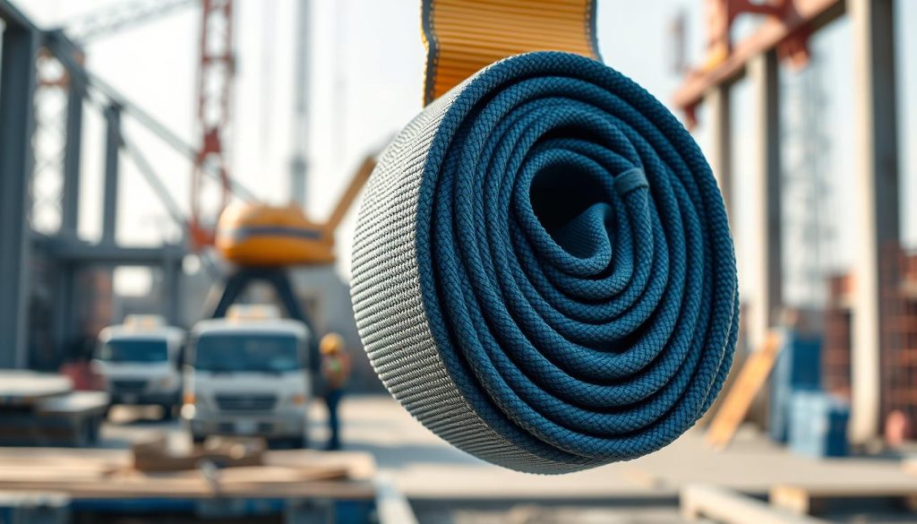 A close-up, photorealistic image of a durable webbing sling, displayed prominently in the foreground. The sling should be vivid in color, showcasing its strong fabric and sturdy stitching, set against a soft-focus construction site background. In the middle ground, there are industrial tools and equipment subtly highlighting its use in lifting operations. Soft, natural lighting illuminates the sling, creating slight shadows that enhance its texture, making it appear robust and reliable. The angle should be slightly tilted from above, providing a dynamic view of the webbing sling's design and functionality. The atmosphere conveys safety and professionalism, illustrating the importance of using high-quality lifting equipment like this webbing sling. No text or markings are present.