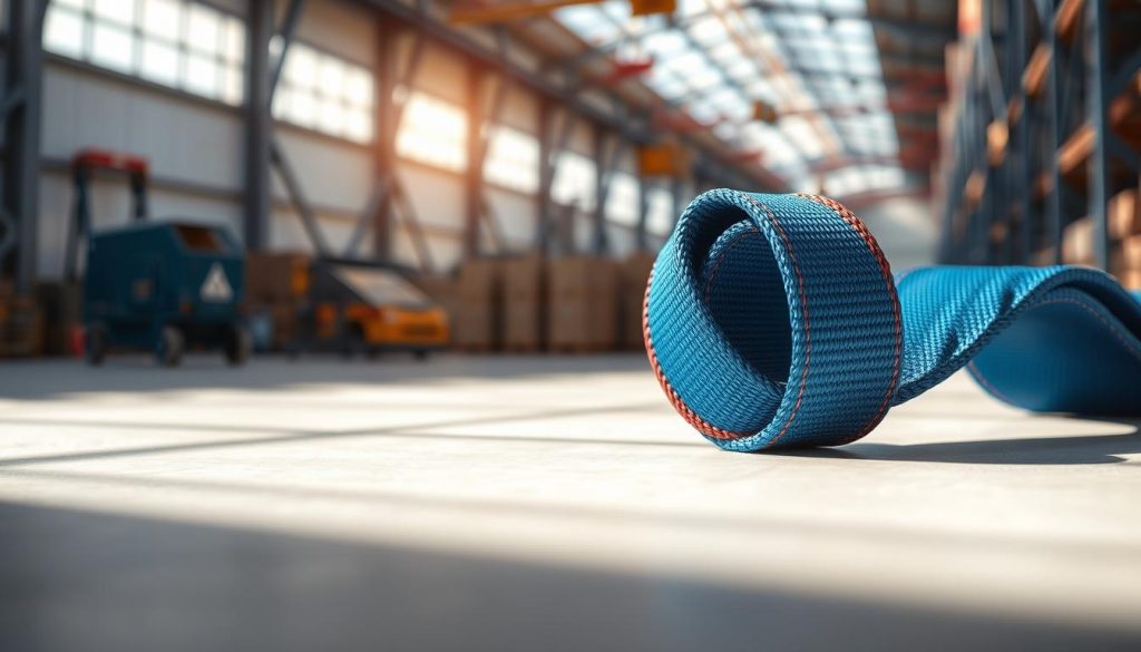 A close-up, photorealistic image of a material webbing sling prominently displayed in the foreground, showcasing its durable fabric texture and vibrant color, perhaps in shades of bright red or blue. The sling is laid out flat on a clean, neutral surface, with sunlight casting soft shadows to highlight its characteristics. In the middle ground, an industrial backdrop with soft, blurred outlines of lifting equipment like cranes or hoists suggests a contextual setting. The background features subtle hints of a warehouse environment, emphasizing the practicality and strength of the webbing sling. The overall mood is professional and focused, giving a sense of reliability and robustness that is essential for lifting operations.