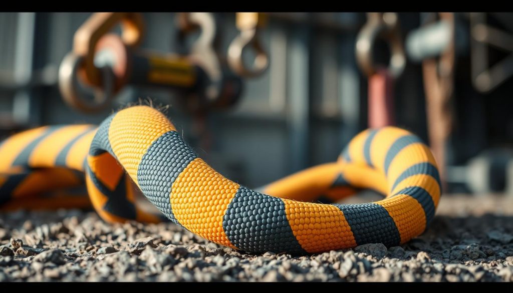 A close-up, photorealistic image of a robust webbing sling made from high-strength synthetic fibers, showcasing its intricate weave pattern and vibrant color. The foreground features the sling draped over a rugged, textured surface that highlights its durability. In the middle ground, soft natural light reflects off the fibers, emphasizing their strength and flexibility. The background is slightly blurred with industrial elements, such as hooks and pulleys, to suggest a lifting context. The overall atmosphere conveys a sense of reliability and toughness, suitable for heavy-lifting applications. The image should be high definition, capturing the fine details of the sling's material and construction, with no text or watermarks present. A close-up, photorealistic image of a robust webbing sling made from high-strength synthetic fibers, showcasing its intricate weave pattern and vibrant color. The foreground features the sling draped over a rugged, textured surface that highlights its durability. In the middle ground, soft natural light reflects off the fibers, emphasizing their strength and flexibility. The background is slightly blurred with industrial elements, such as hooks and pulleys, to suggest a lifting context. The overall atmosphere conveys a sense of reliability and toughness, suitable for heavy-lifting applications. The image should be high definition, capturing the fine details of the sling's material and construction, with no text or watermarks present.