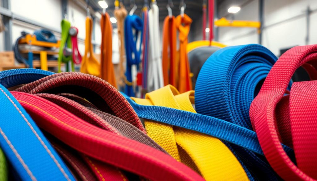 A close-up, photorealistic image of a selection of various types of webbing slings, showcasing their vibrant colors and unique designs. In the foreground, multiple slings in different lengths and widths are laid out neatly, emphasizing their textures and stitching details. The middle ground features a subtle assortment of slings hanging from hooks, demonstrating their versatility. In the background, a well-lit, industrial workspace hints at their practical use in lifting and securing loads. The lighting should be bright, showcasing the slings' materials, with a soft focus on the background to create depth. The overall atmosphere should convey a sense of professionalism and reliability, ideal for illustrating the diversity and quality of webbing slings available. A close-up, photorealistic image of a selection of various types of webbing slings, showcasing their vibrant colors and unique designs. In the foreground, multiple slings in different lengths and widths are laid out neatly, emphasizing their textures and stitching details. The middle ground features a subtle assortment of slings hanging from hooks, demonstrating their versatility. In the background, a well-lit, industrial workspace hints at their practical use in lifting and securing loads. The lighting should be bright, showcasing the slings' materials, with a soft focus on the background to create depth. The overall atmosphere should convey a sense of professionalism and reliability, ideal for illustrating the diversity and quality of webbing slings available.