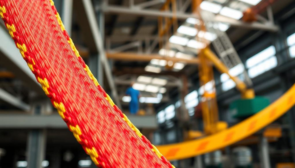 A close-up, photorealistic image of a vibrant polyester webbing sling, showcasing its intricate weave and distinctive colors, such as bright red and yellow. The webbing sling should be prominently displayed in the foreground against a blurred industrial workspace background, perhaps featuring steel beams and construction equipment to enhance context. Natural lighting should highlight the texture of the sling, casting soft shadows that accentuate its flexibility and strength. The scene is well-composed, maintaining a balanced focus on the sling while implying its use in heavy lifting situations. The mood conveys reliability and robustness, ideal for showcasing the advantages of polyester webbing slings.