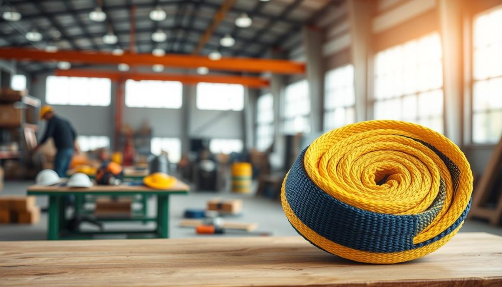 A close-up, photorealistic image of a vibrant webbing sling displayed prominently in the foreground, showcasing its texture and colors. The sling, made from durable, high-strength polyester, should be neatly coiled with its distinctive woven pattern visible. In the middle ground, include a well-lit workbench with tools and safety gear, emphasizing a professional setting. The background features a slightly blurred warehouse or construction site, with natural light filtering through large windows, creating a bright, focused atmosphere. The scene conveys the strength and reliability of the webbing sling, symbolizing its advantages over traditional slings for load protection. Ensure the image has a high definition quality, capturing every detail without any text or watermarks.