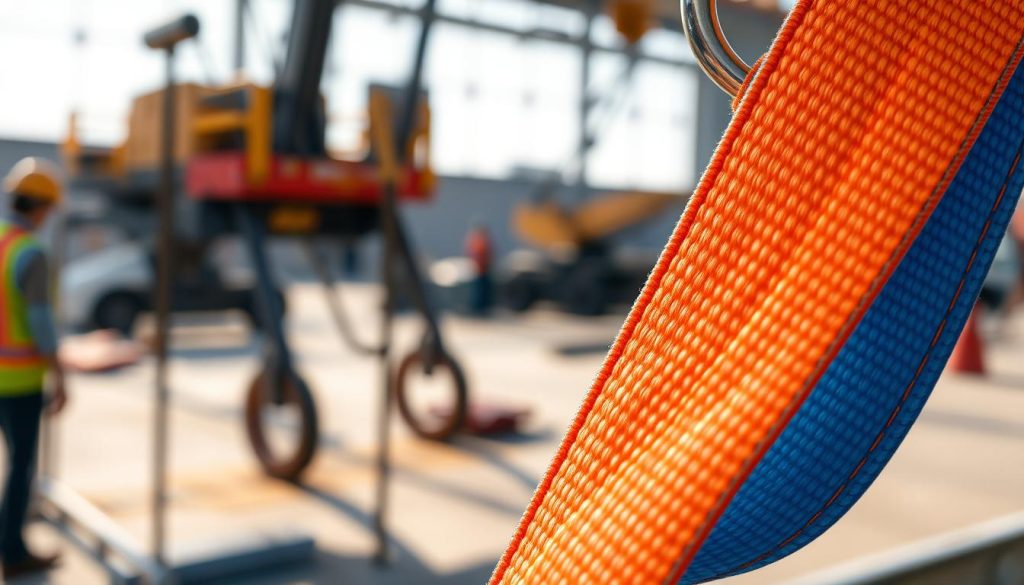 A close-up, photorealistic image of a vibrant webbing sling, showcasing its intricate weave and stitching details. The foreground features the sling in a dynamic position, draped over a metallic hook, emphasizing the durable fabric and vivid colors such as bright blue or orange. In the middle ground, a sturdy industrial setting can be seen, possibly with equipment or machinery that reflects a safe working environment. The background includes blurred silhouettes of construction equipment, enhancing the focus on the webbing sling. Soft, natural lighting highlights the textures of the fabric, creating depth and realism. The angle should be slightly tilted, giving an artistic view of the sling while maintaining a professional atmosphere. The overall mood is one of reliability and quality.
