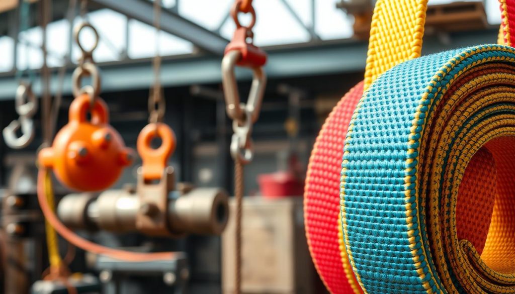 A close-up, photorealistic image of a webbing sling displayed prominently in the foreground, showcasing its heavy-duty construction and vibrant colors. The sling should be neatly coiled, with detailed textures highlighting its weave and stitching. In the middle ground, a subtle industrial backdrop featuring equipment like pulleys and hooks can provide context, emphasizing the sling's use in lifting and rigging. The background should be softly blurred to maintain focus on the webbing sling, while warm, natural lighting creates a professional and inviting atmosphere. The image should have a slight tilt from above, capturing the intricate details of the sling. No text or watermarks are present, ensuring a clean representation of the product.