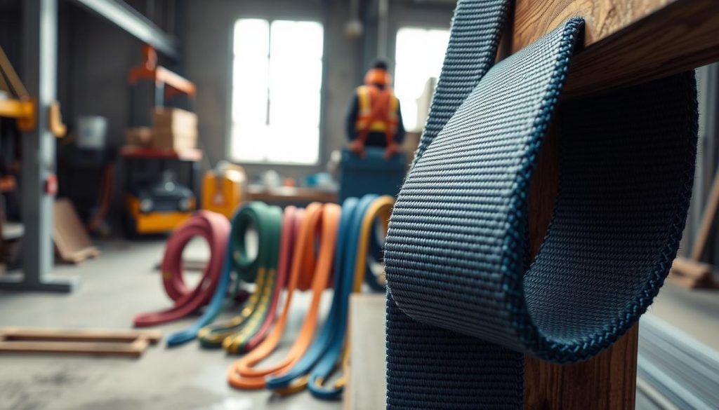 A close-up, photorealistic image of a webbing sling made from high-quality, durable synthetic material, showcasing its intricate weave and texture. The foreground features the sling draped elegantly over a sturdy wooden beam, emphasizing its strength and flexibility. In the middle ground, additional slings of varying colors and sizes are displayed neatly, demonstrating their versatility. The background is softly blurred, featuring an industrial setting with lifting equipment and safety gear, creating a professional atmosphere. Natural light streams in from a nearby window, illuminating the slings and enhancing their colors. The mood is industrious yet serene, highlighting both the craftsmanship and practical applications of webbing slings in various settings.