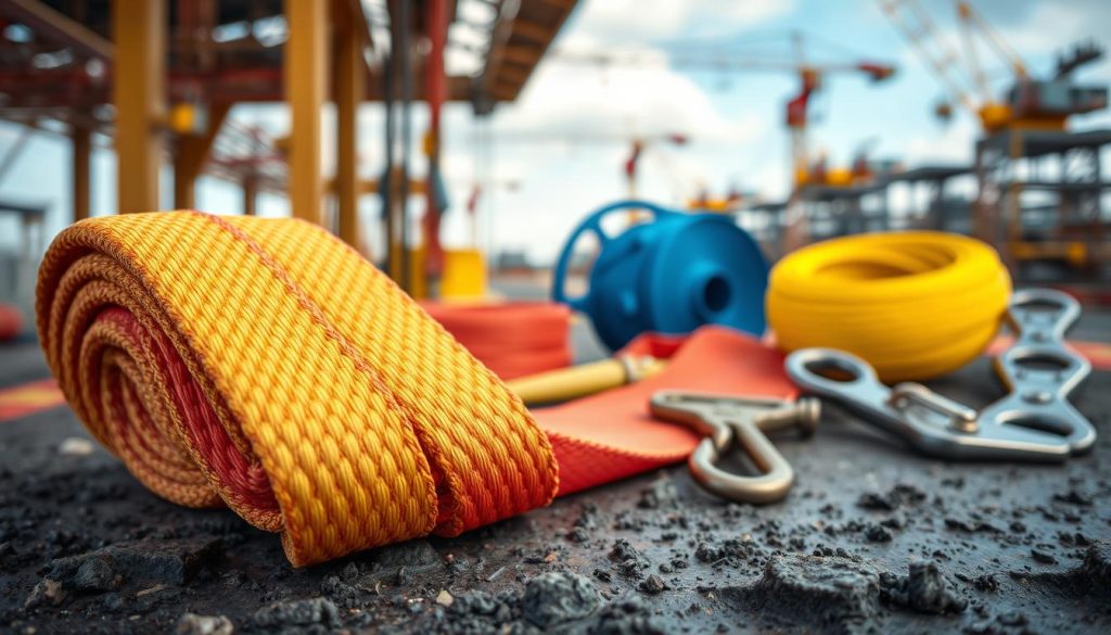 A close-up photorealistic image of a webbing sling made from high-strength synthetic material, showcasing its intricate weave and vibrant colors. The foreground features the sling draped over a rugged industrial surface, capturing the texture and durability of the material. In the middle ground, additional webbing slings are displayed, emphasizing variety, while tools like hooks and pulleys are subtly arranged to suggest a working environment. The background depicts a well-lit, outdoor construction site with cranes and machinery, highlighting the sling's application in heavy-duty settings. Soft, natural lighting enhances the colors and details, creating a confident and resilient atmosphere. The composition is focused at a slightly angled perspective to convey depth and realism.