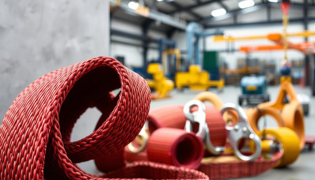 A close-up, photorealistic image of a webbing sling, showcasing its intricate weave and texture in high definition. The foreground features the webbing sling draped artistically against a neutral background, emphasizing the vibrant color and durable material. The middle ground reveals a set of various types of webbing slings, each with different designs and sizes, ideal for industrial applications. In the background, blurred machinery and lifting equipment hint at an industrial setting, enhancing the context. The scene is illuminated with soft, natural lighting, creating a professional atmosphere that conveys reliability and strength, suitable for an informative article.