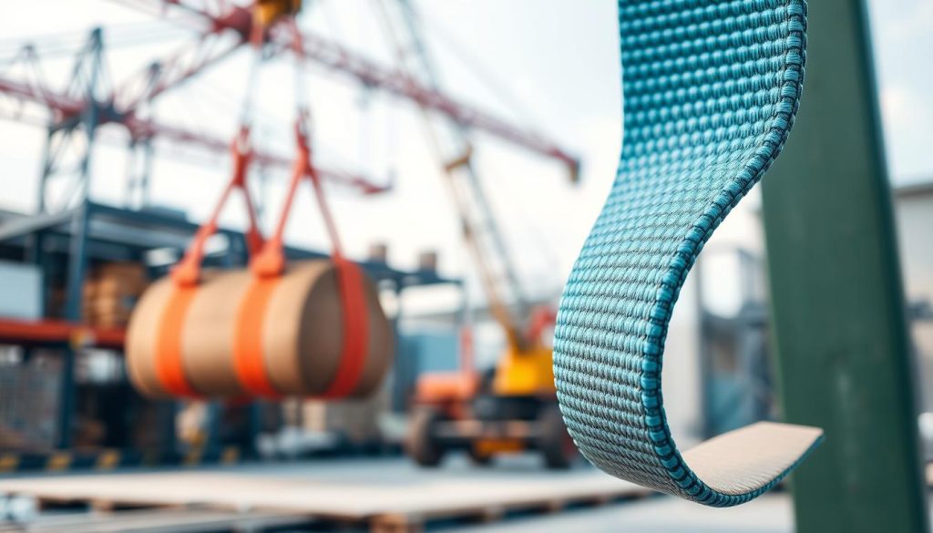 A close-up, photorealistic image of a webbing sling, showcasing its strong, flexible design. The foreground features the sling in sharp detail, with visible texture and vibrant colors, emphasizing its durability. In the middle ground, show the sling being used in a professional setting, perhaps secured around a heavy load being lifted by a crane, symbolizing its strength and utility. The background includes industrial elements, like a construction site or warehouse, softly blurred to keep the focus on the sling. Use soft, natural lighting to highlight the nylon fibers and stitching, enhancing the realistic feel. The overall mood should convey professionalism and reliability, suitable for an informative article.