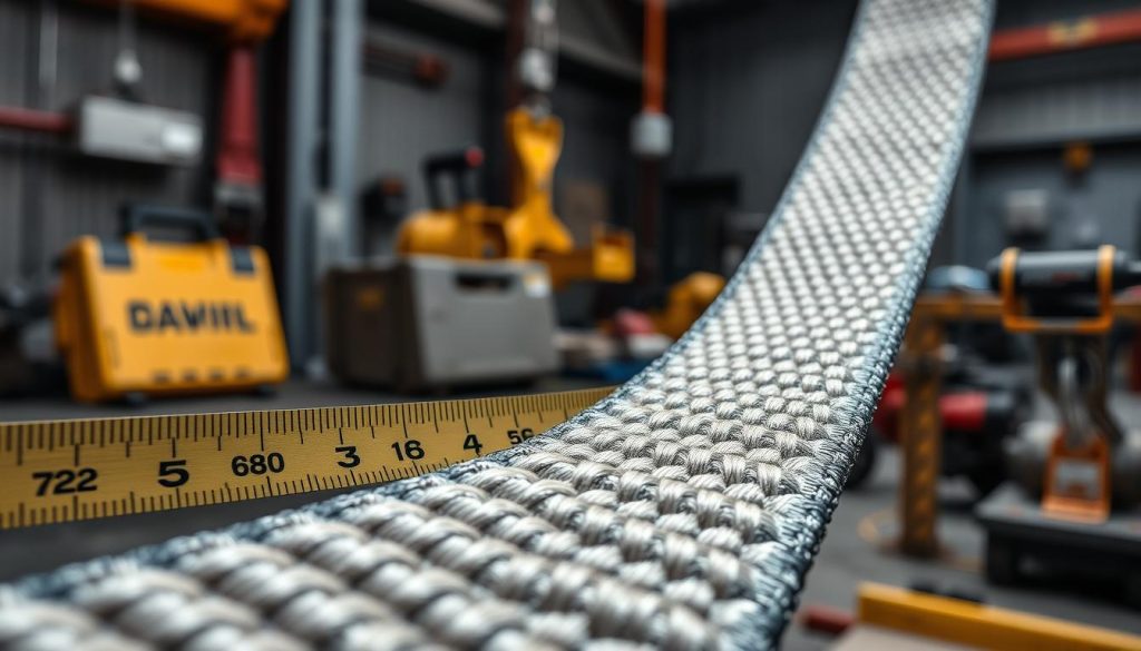 A close-up, photorealistic image of heavy-duty material webbing used in slings, showcasing its strong, textured fabric and intricate weave patterns. The foreground features the thick strands of the webbing, highlighted under soft, diffused lighting to emphasize its durability and color variations. In the middle ground, a measurement tape alongside the webbing indicates its lifting capacity of several tons, with subtle details like stitching and load ratings subtly visible. The background includes an industrial setting, softly blurred, with tools and equipment hinting at a professional lifting environment. The overall mood is one of strength and reliability, with a focus on the webbing's impressive performance in lifting applications.